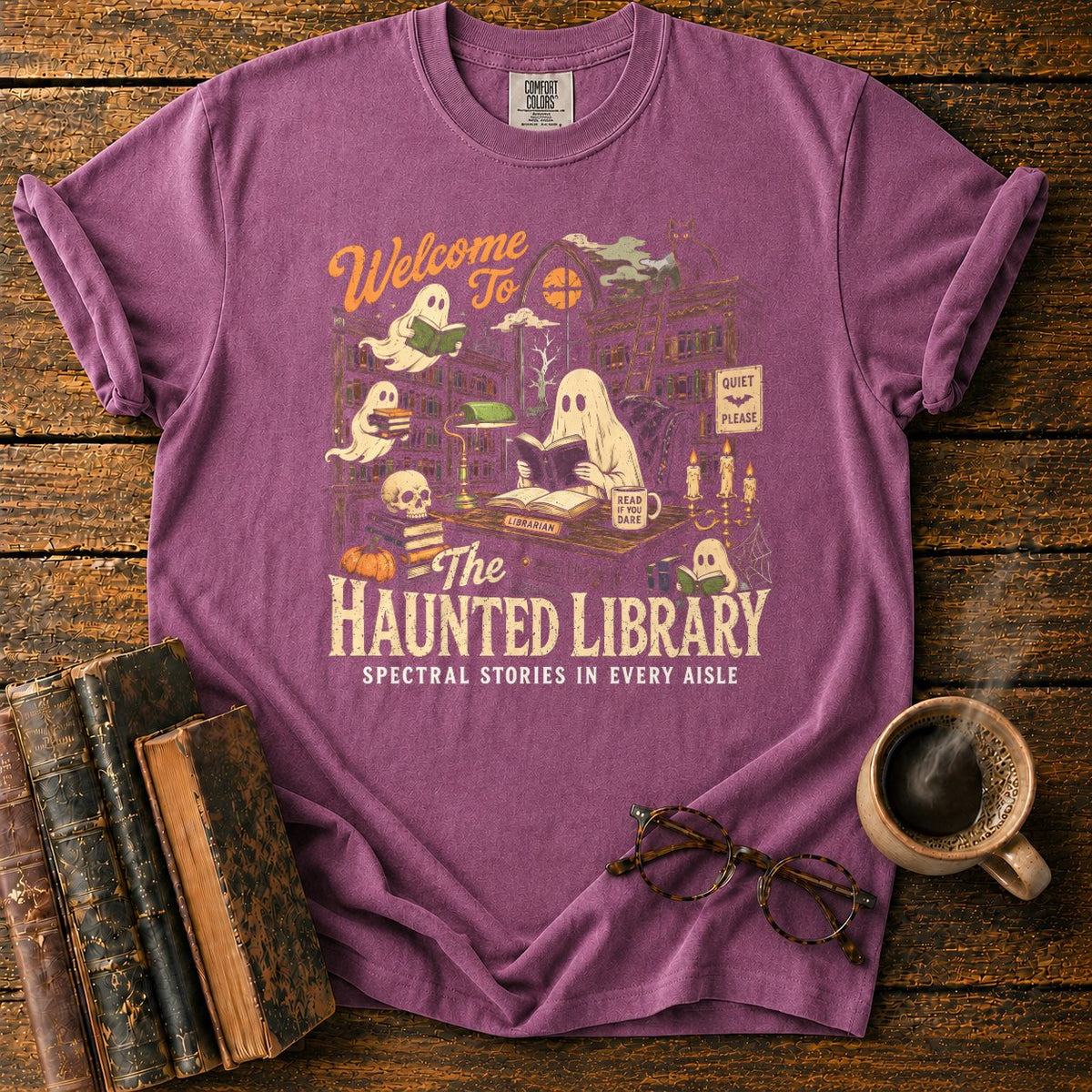 Welcome To The Haunted Library T-Shirt in Berry – BooksThreads