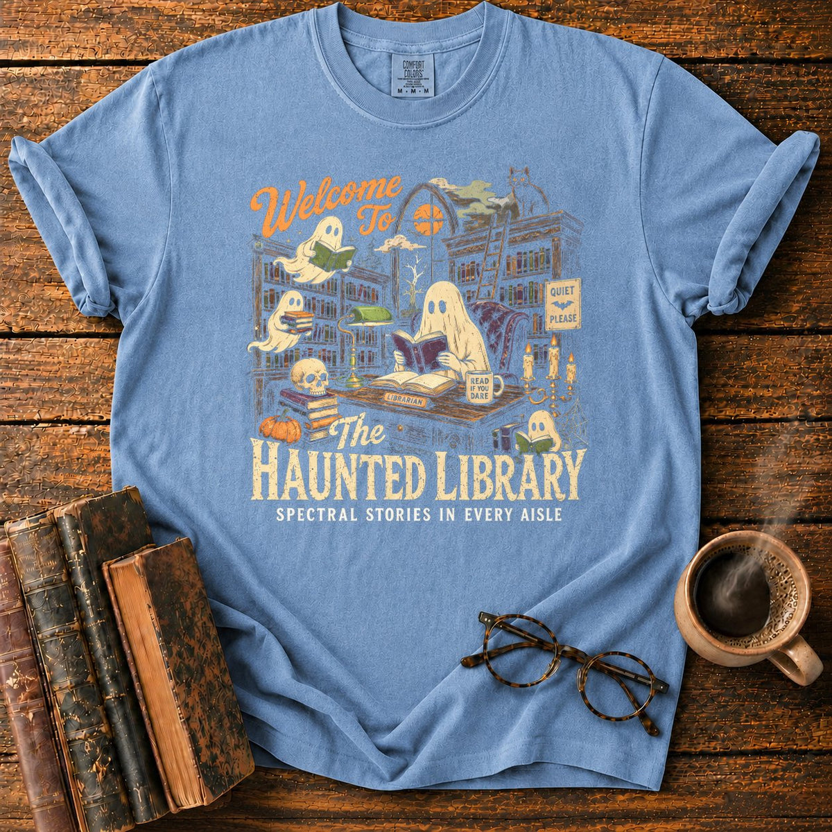 Welcome To The Haunted Library T-Shirt in Blue Jean – BooksThreads