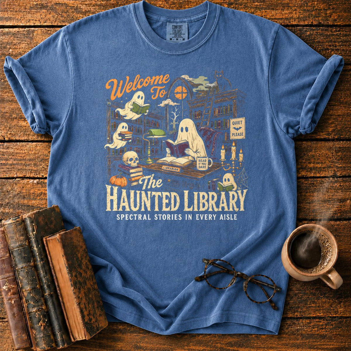 Welcome To The Haunted Library T-Shirt in Denim – BooksThreads