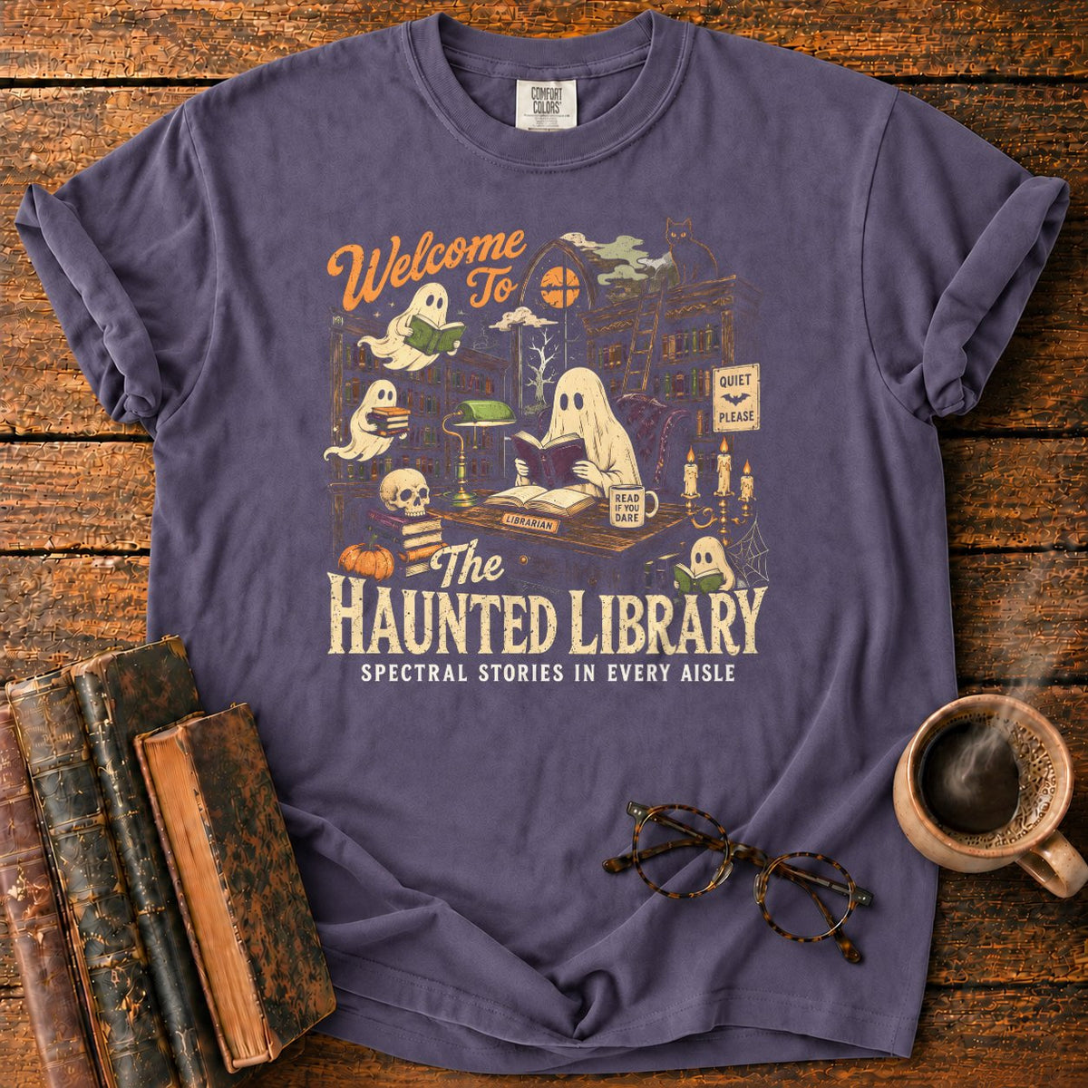 Welcome To The Haunted Library T-Shirt in Grape – BooksThreads