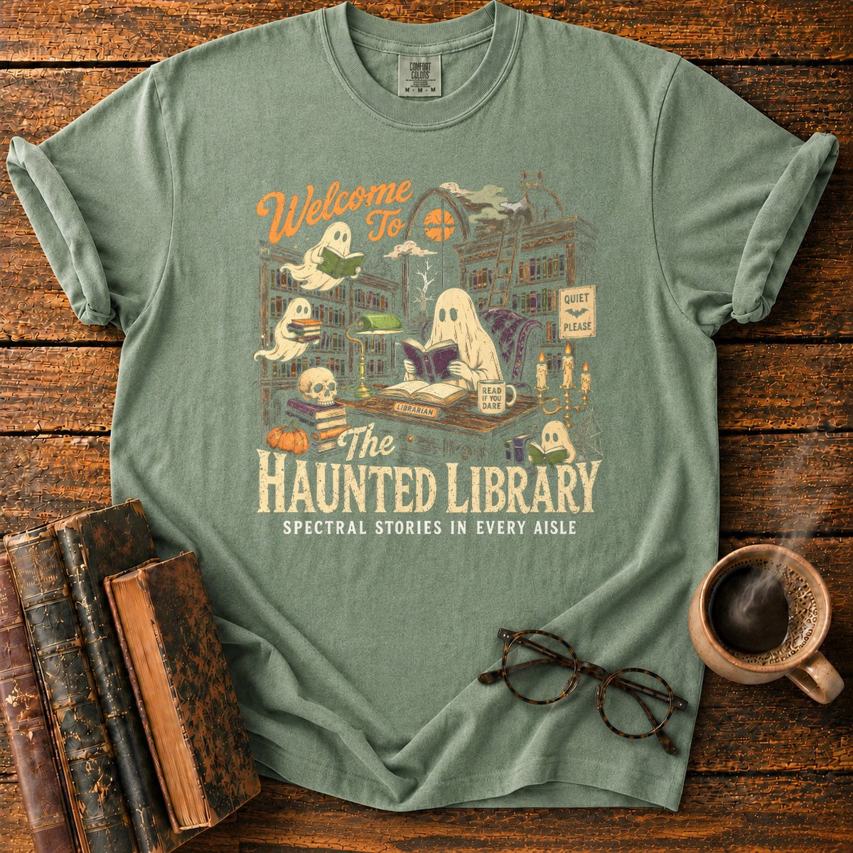 Welcome To The Haunted Library T-Shirt in Moss – BooksThreads