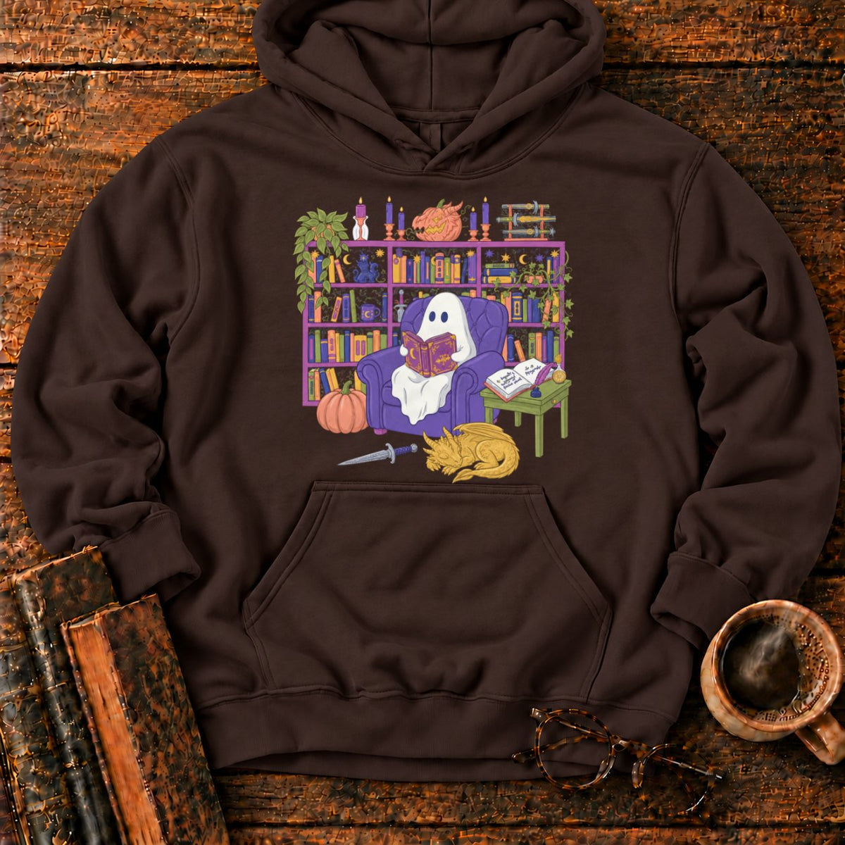 Whimsical Ghost, Books, And Sleeping Dragon Hoodie in Dark Chocolate – BooksThreads