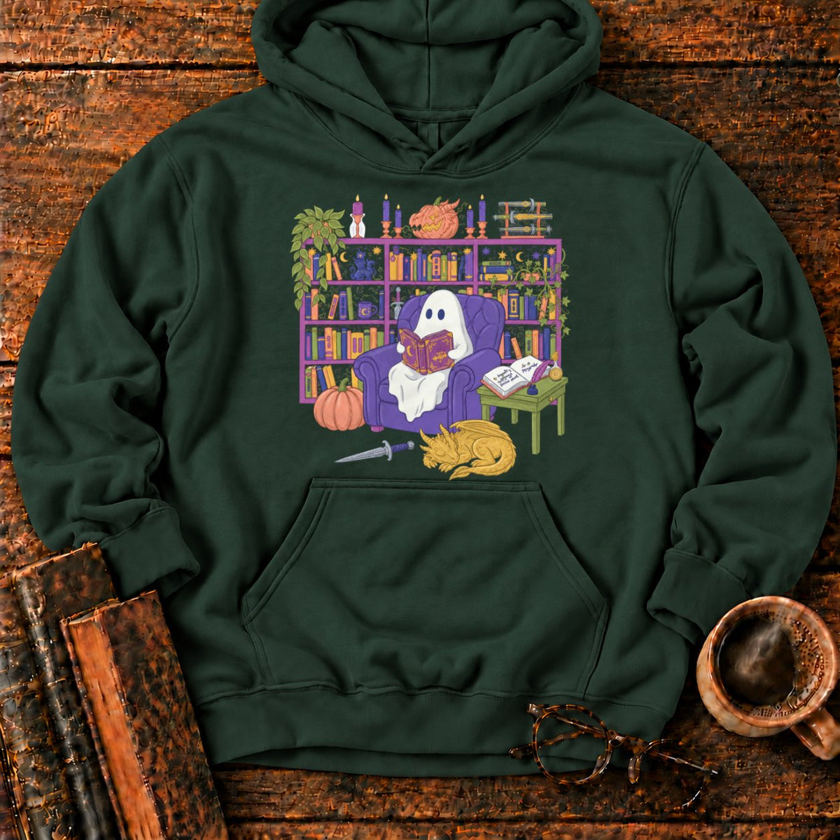 Whimsical Ghost, Books, And Sleeping Dragon Hoodie in Forest Green – BooksThreads