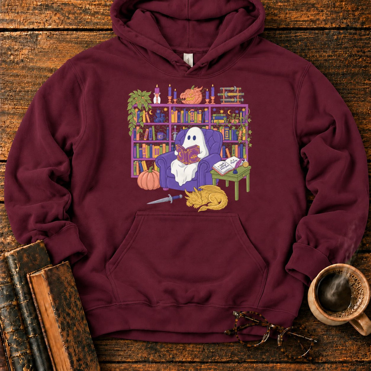 Whimsical Ghost, Books, And Sleeping Dragon Hoodie in Maroon – BooksThreads