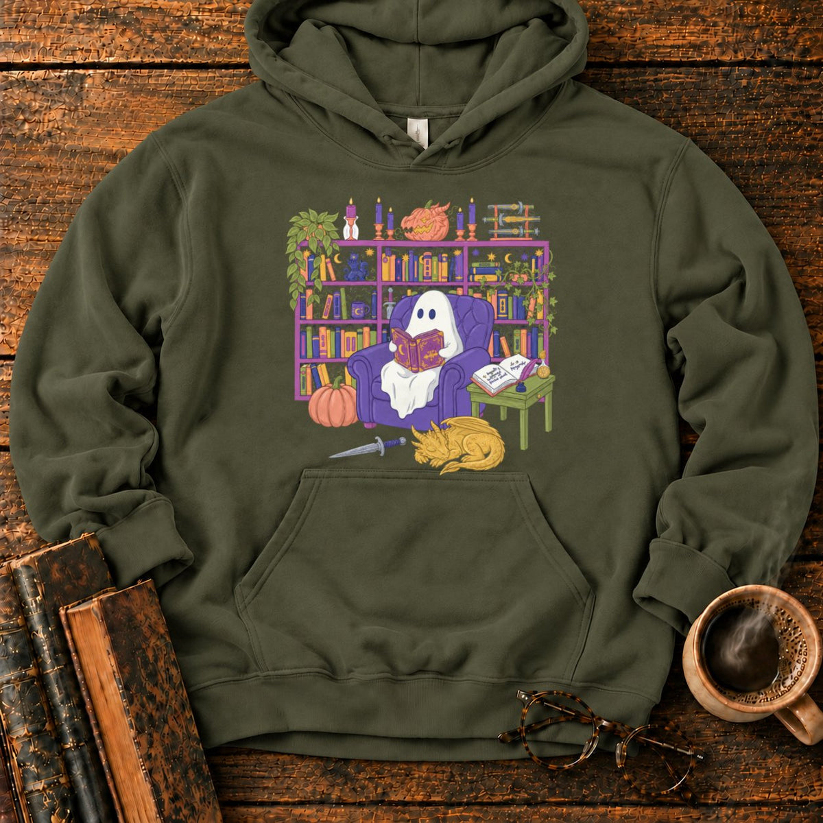 Whimsical Ghost, Books, And Sleeping Dragon Hoodie in Military Green – BooksThreads