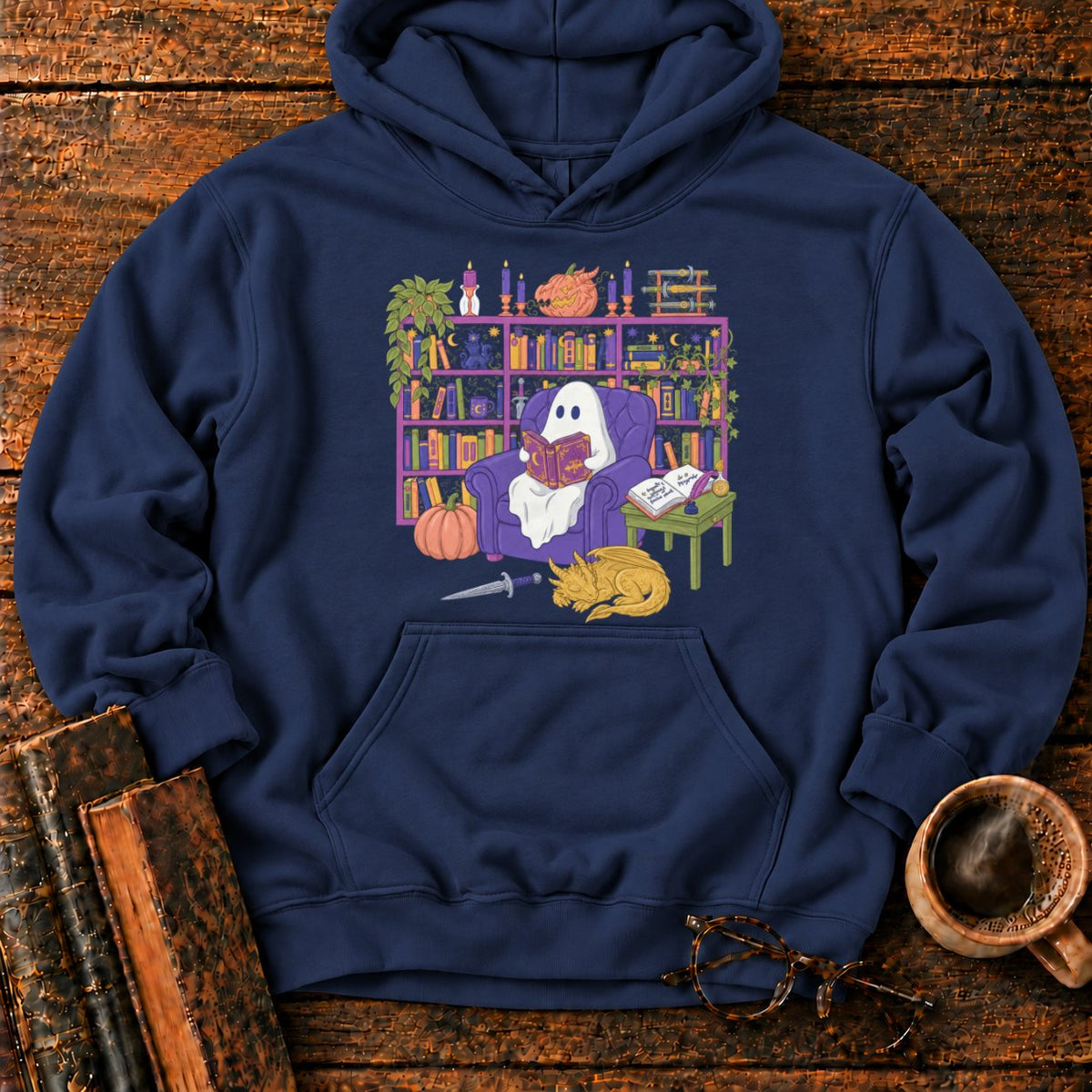 Whimsical Ghost, Books, And Sleeping Dragon Hoodie in Navy – BooksThreads