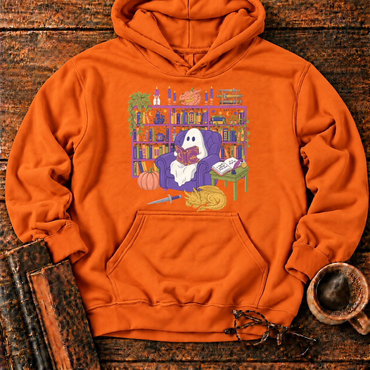 Whimsical Ghost, Books, And Sleeping Dragon Hoodie in Orange – BooksThreads