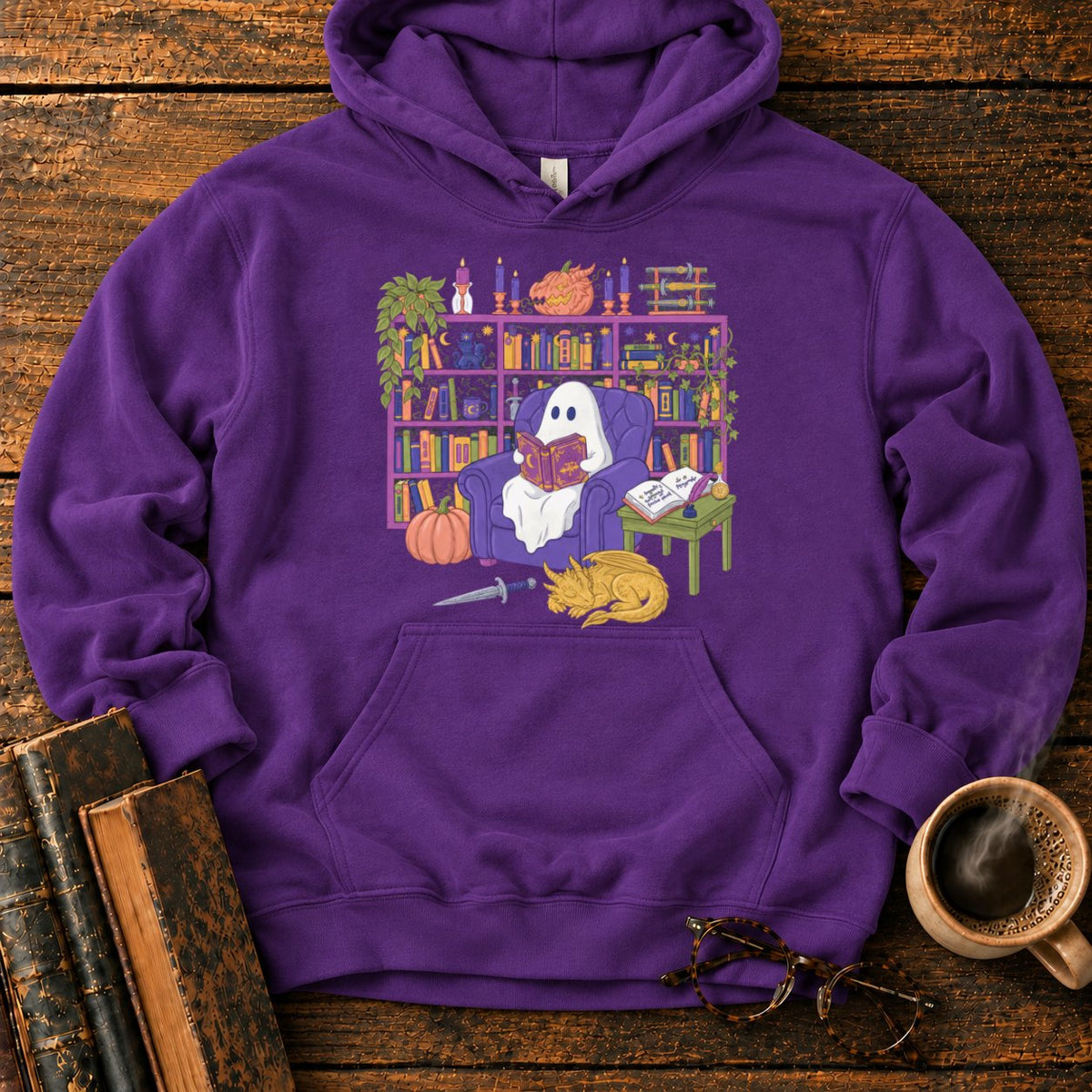 Whimsical Ghost, Books, And Sleeping Dragon Hoodie in Purple – BooksThreads