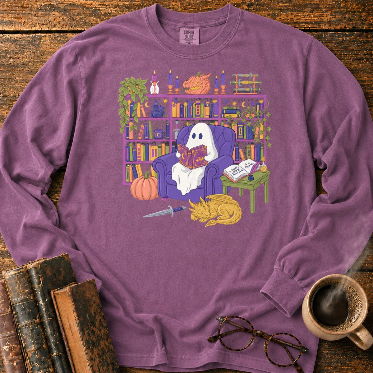 Whimsical Ghost, Books, And Sleeping Dragon LS T-Shirt in Berry – BooksThreads