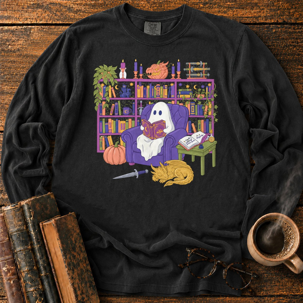 Whimsical Ghost, Books, And Sleeping Dragon LS T-Shirt in Black – BooksThreads
