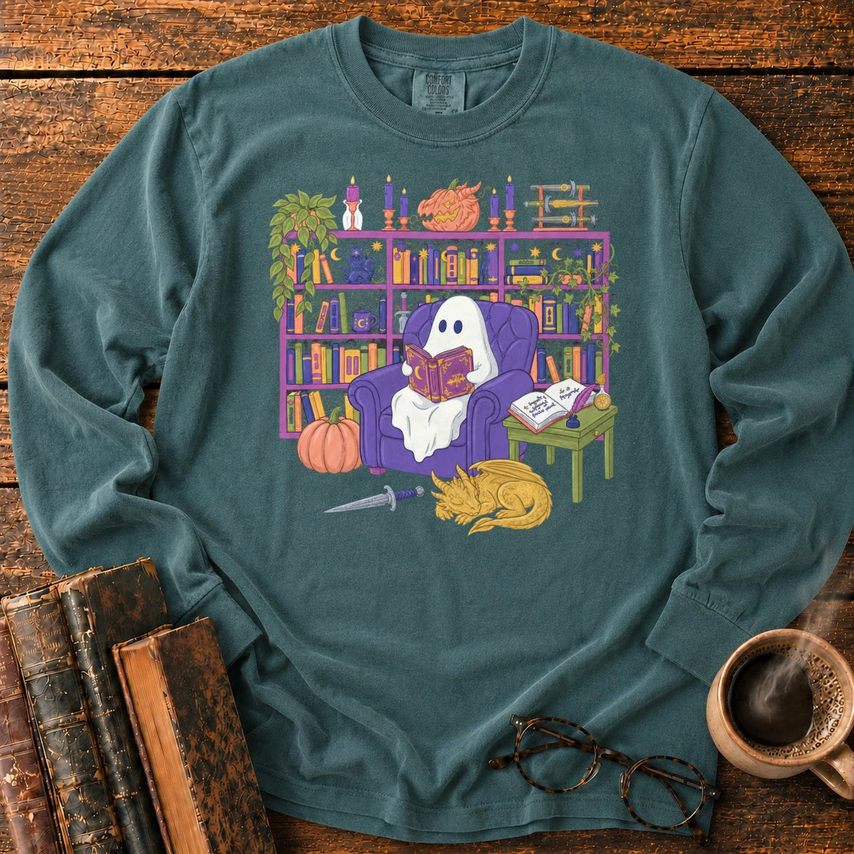 Whimsical Ghost, Books, And Sleeping Dragon LS T-Shirt in Blue Spruce – BooksThreads