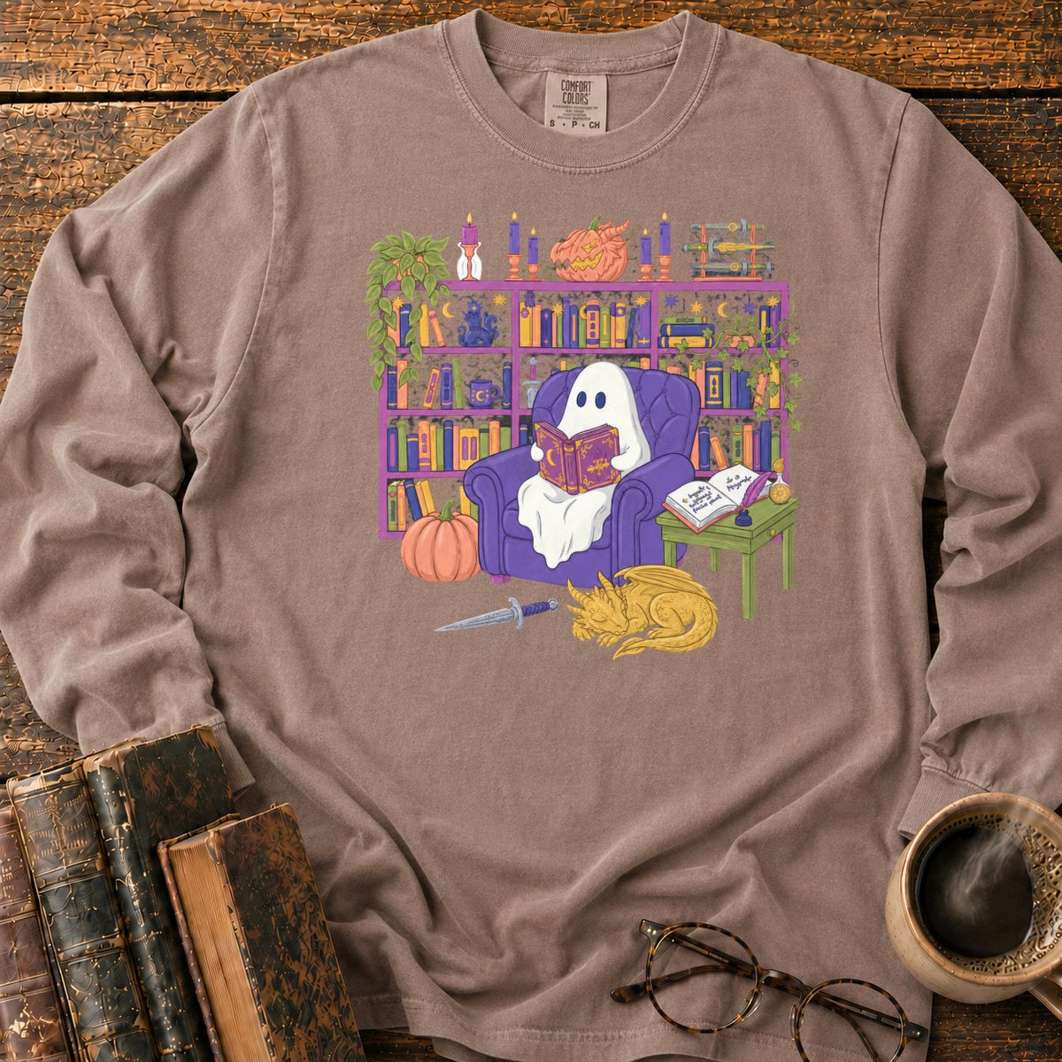 Whimsical Ghost, Books, And Sleeping Dragon LS T-Shirt in Espresso – BooksThreads
