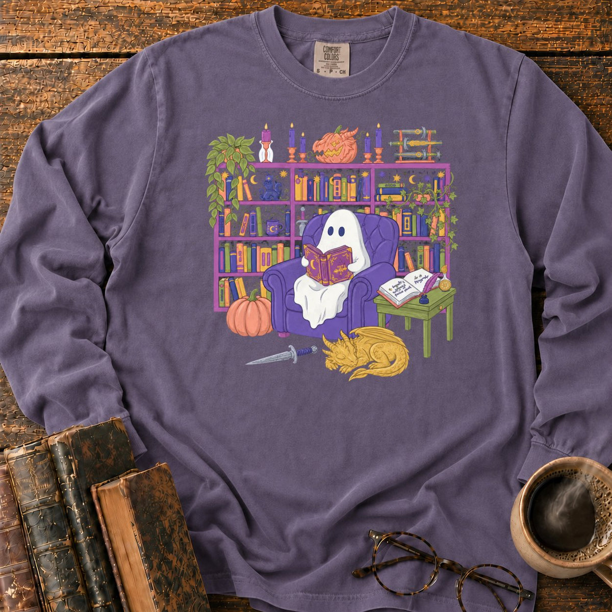 Whimsical Ghost, Books, And Sleeping Dragon LS T-Shirt in Grape – BooksThreads