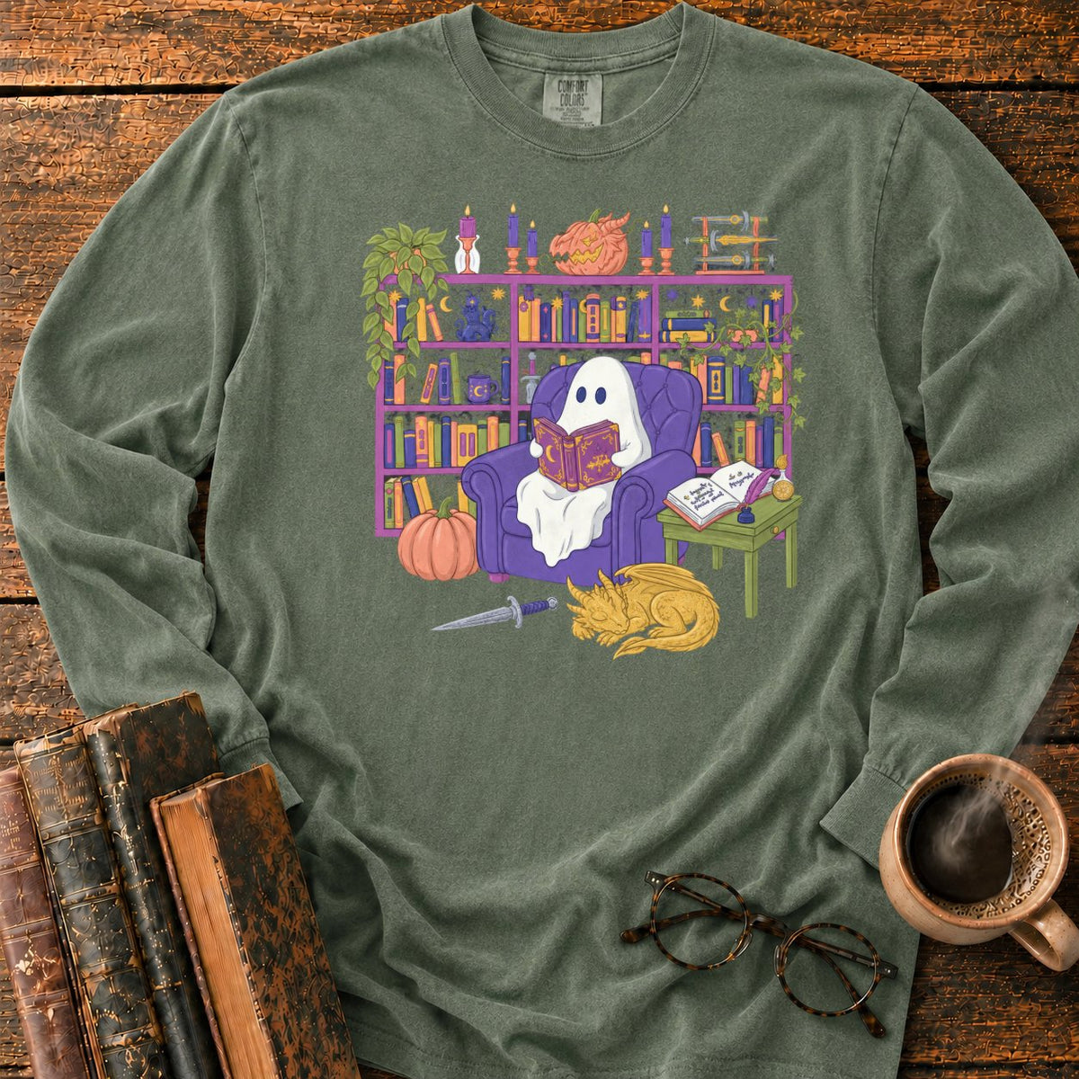Whimsical Ghost, Books, And Sleeping Dragon LS T-Shirt in Hemp – BooksThreads