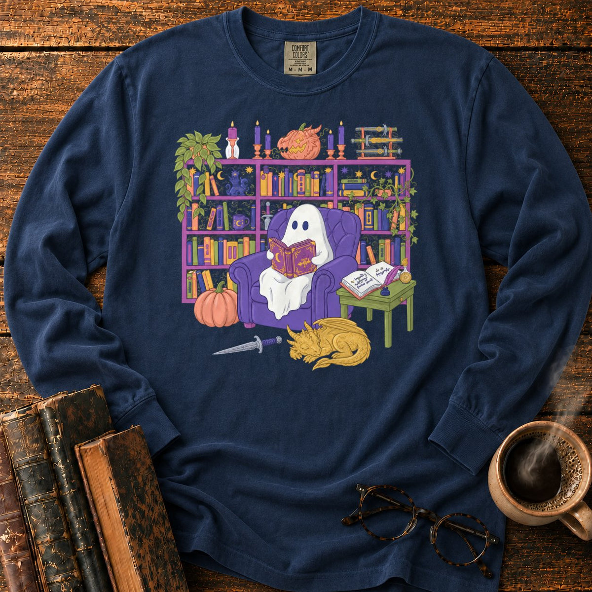 Whimsical Ghost, Books, And Sleeping Dragon LS T-Shirt in Midnight – BooksThreads
