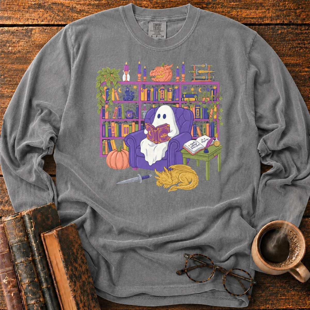 Whimsical Ghost, Books, And Sleeping Dragon LS T-Shirt in Pepper – BooksThreads