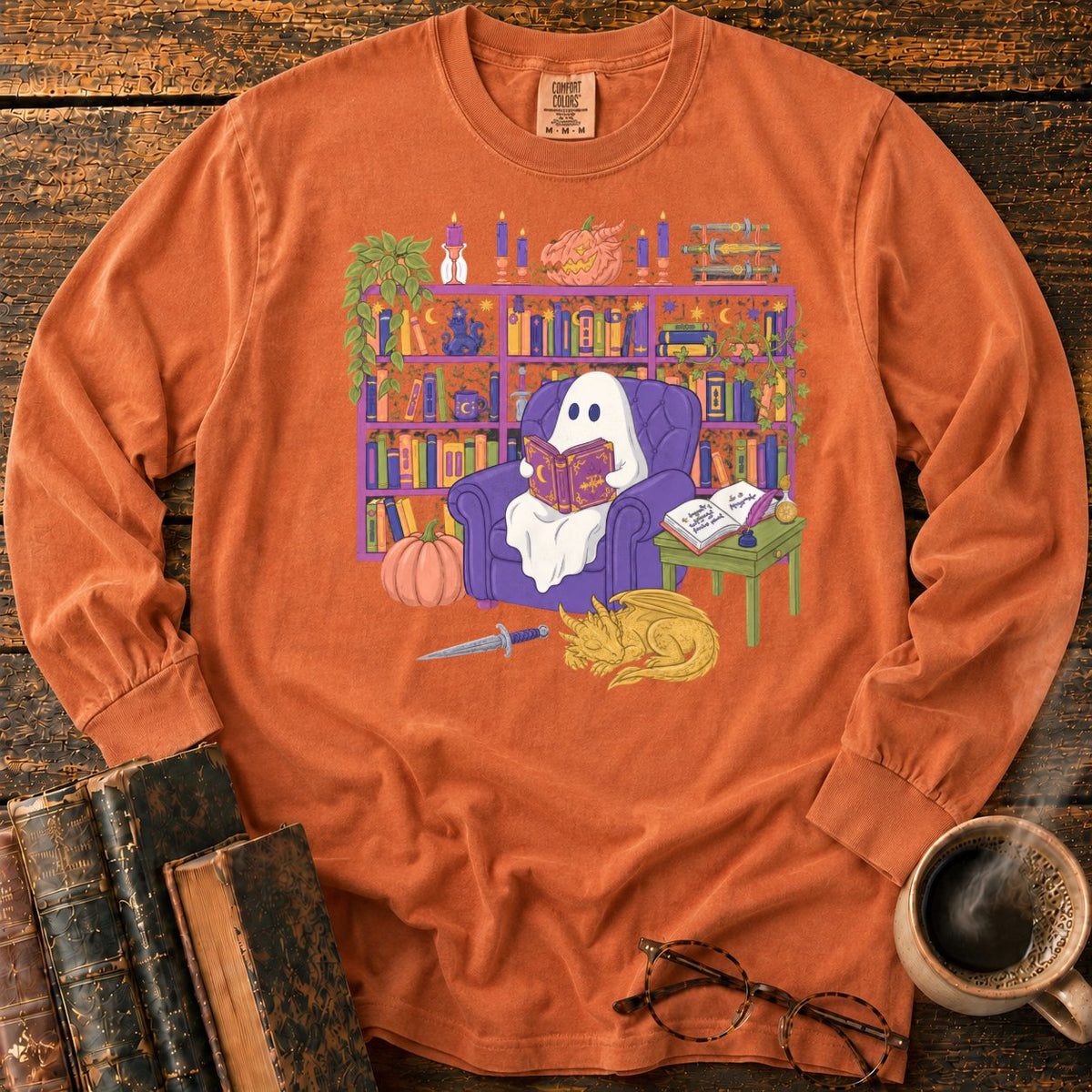 Whimsical Ghost, Books, And Sleeping Dragon LS T-Shirt in Yam – BooksThreads