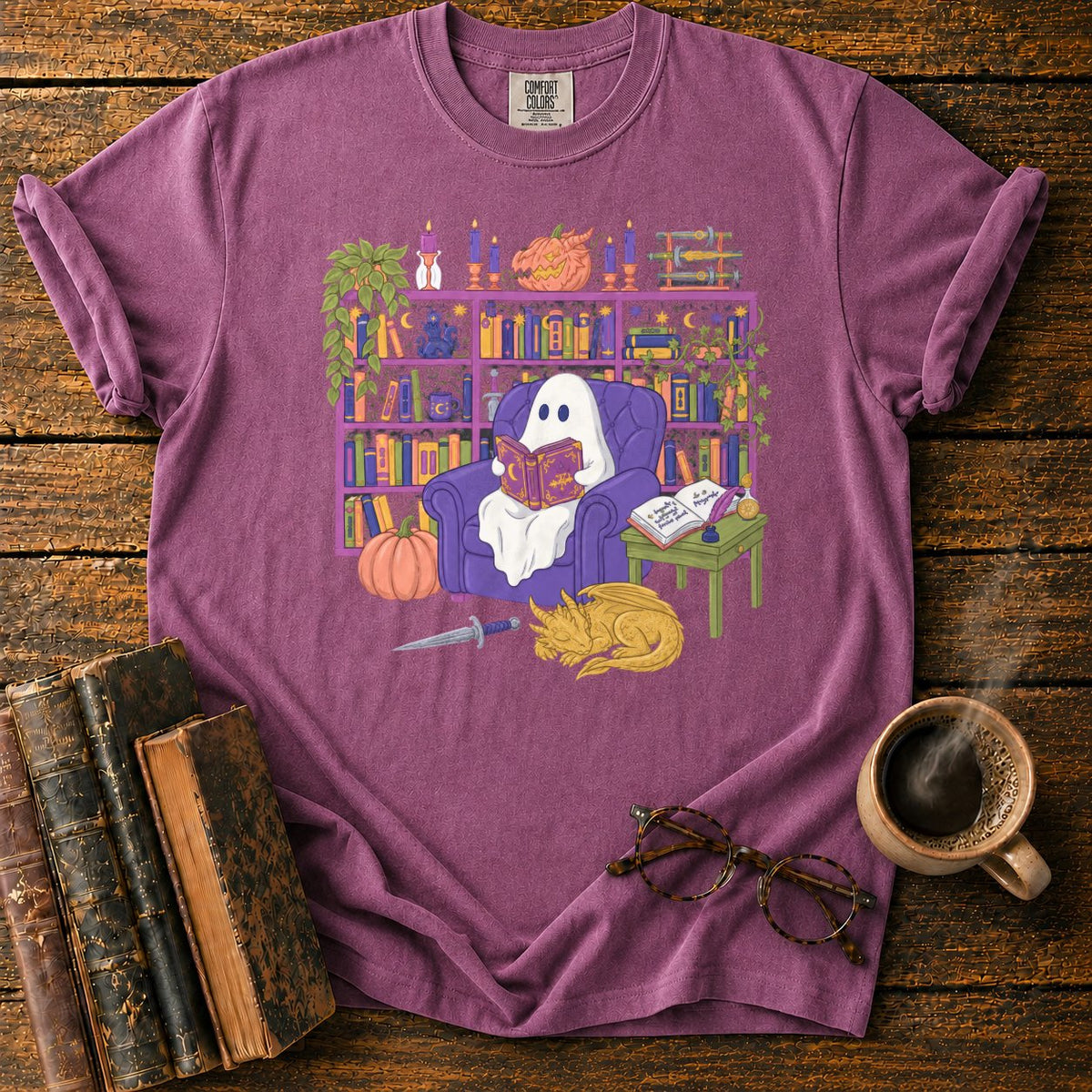 Whimsical Ghost, Books, And Sleeping Dragon T-Shirt in Berry – BooksThreads