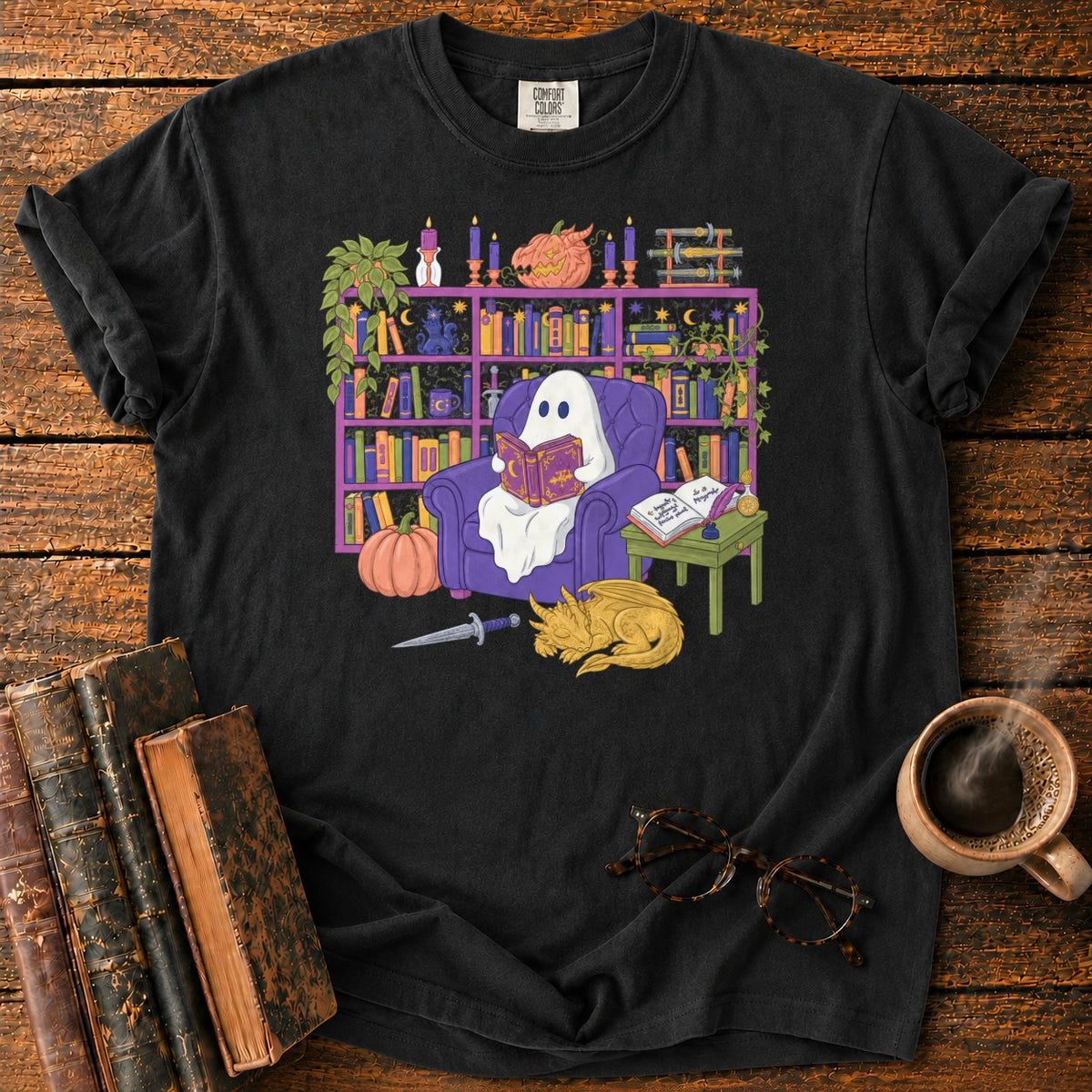 Whimsical Ghost, Books, And Sleeping Dragon T-Shirt in Black – BooksThreads