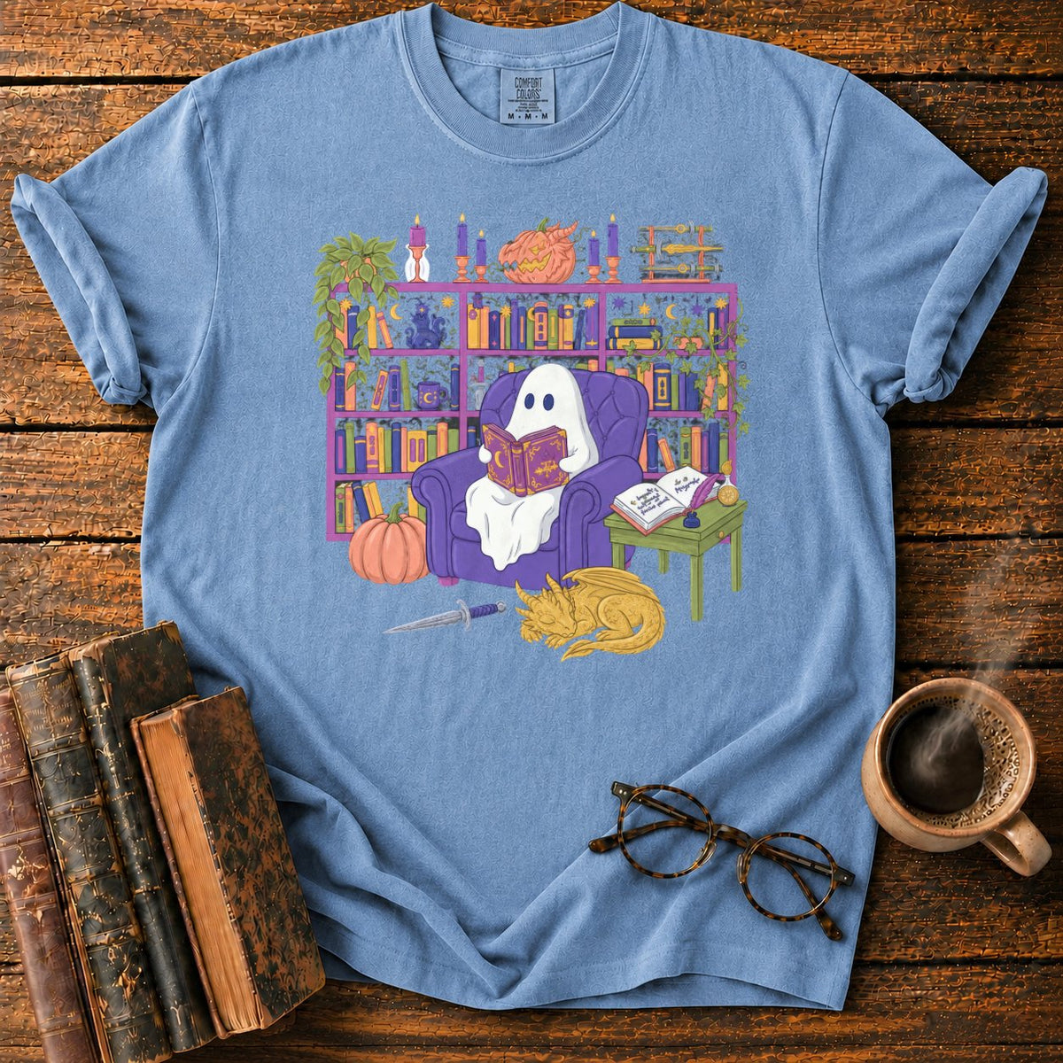 Whimsical Ghost, Books, And Sleeping Dragon T-Shirt in Blue Jean – BooksThreads