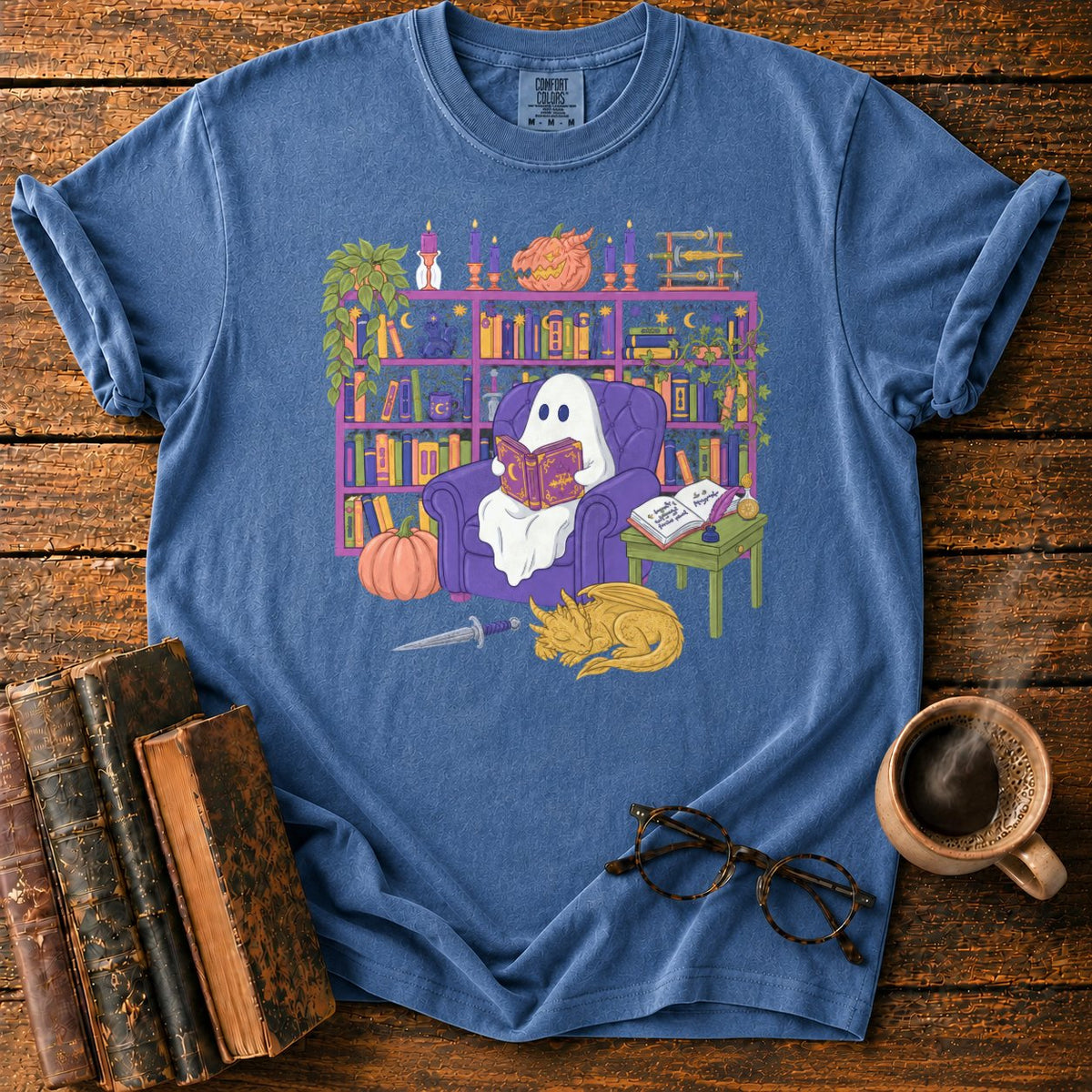 Whimsical Ghost, Books, And Sleeping Dragon T-Shirt in Denim – BooksThreads