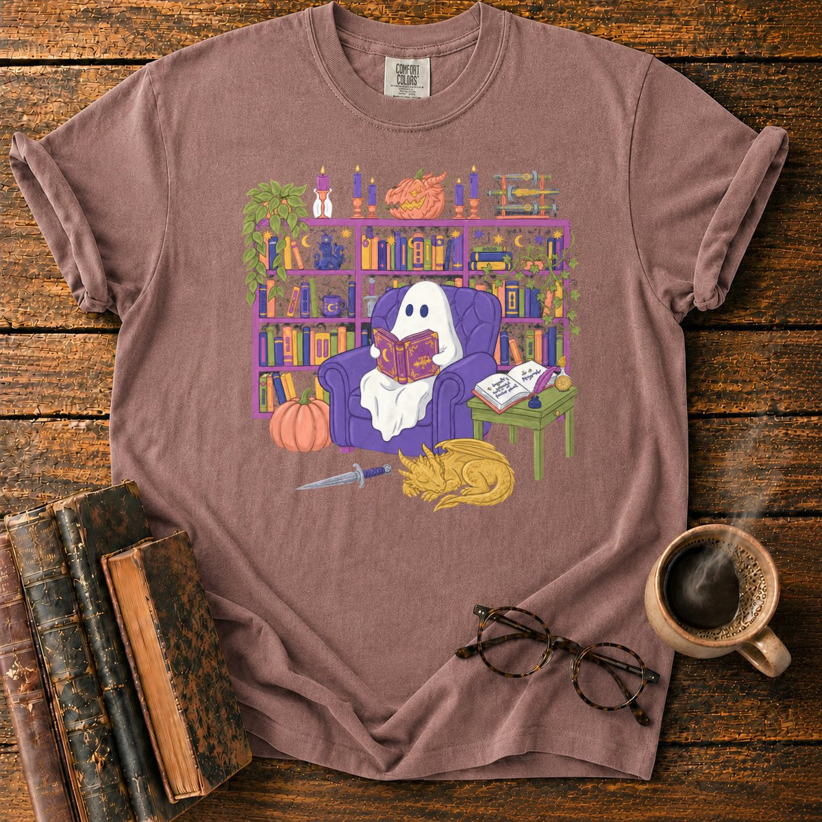 Whimsical Ghost, Books, And Sleeping Dragon T-Shirt in Espresso – BooksThreads