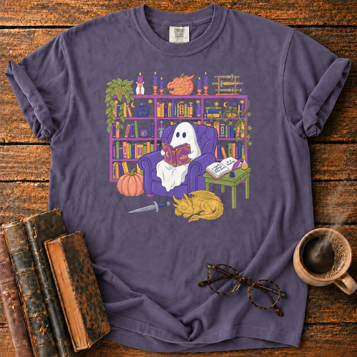 Whimsical Ghost, Books, And Sleeping Dragon T-Shirt in Grape – BooksThreads