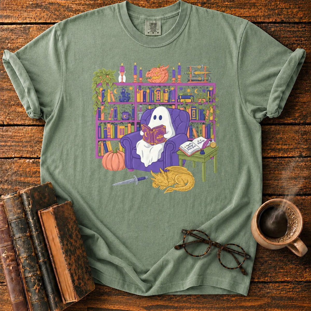 Whimsical Ghost, Books, And Sleeping Dragon T-Shirt in Moss – BooksThreads