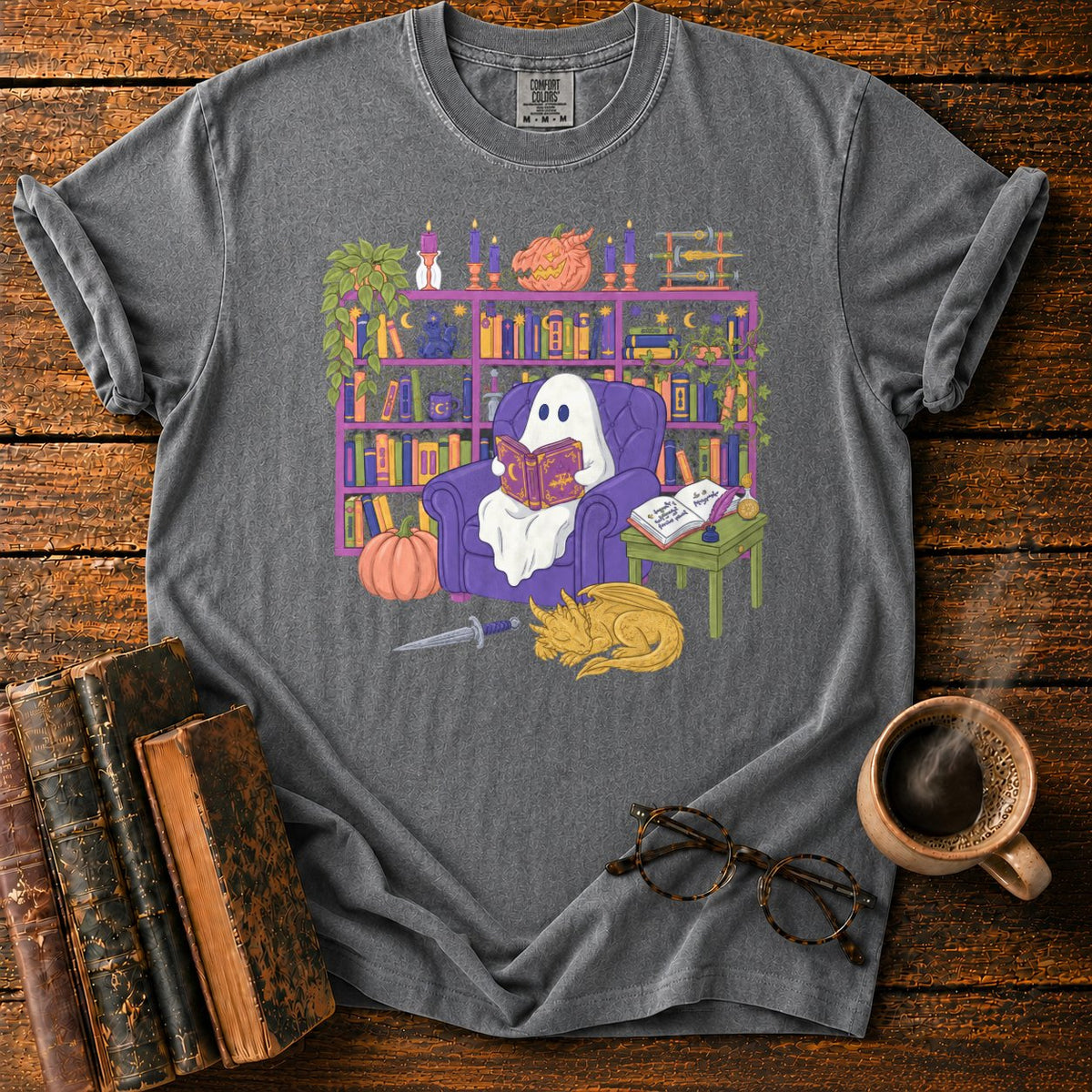 Whimsical Ghost, Books, And Sleeping Dragon T-Shirt in Pepper – BooksThreads