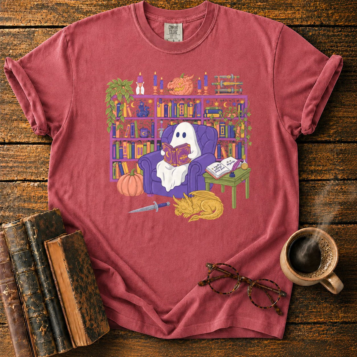 Whimsical Ghost, Books, And Sleeping Dragon T-Shirt in Watermelon – BooksThreads
