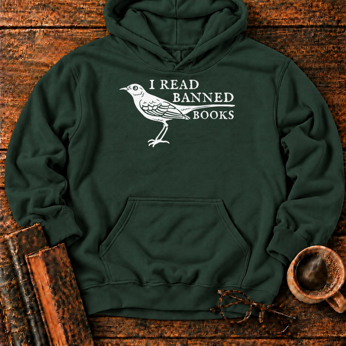 White Songbird And Banned Books Hoodie in Forest Green – BooksThreads