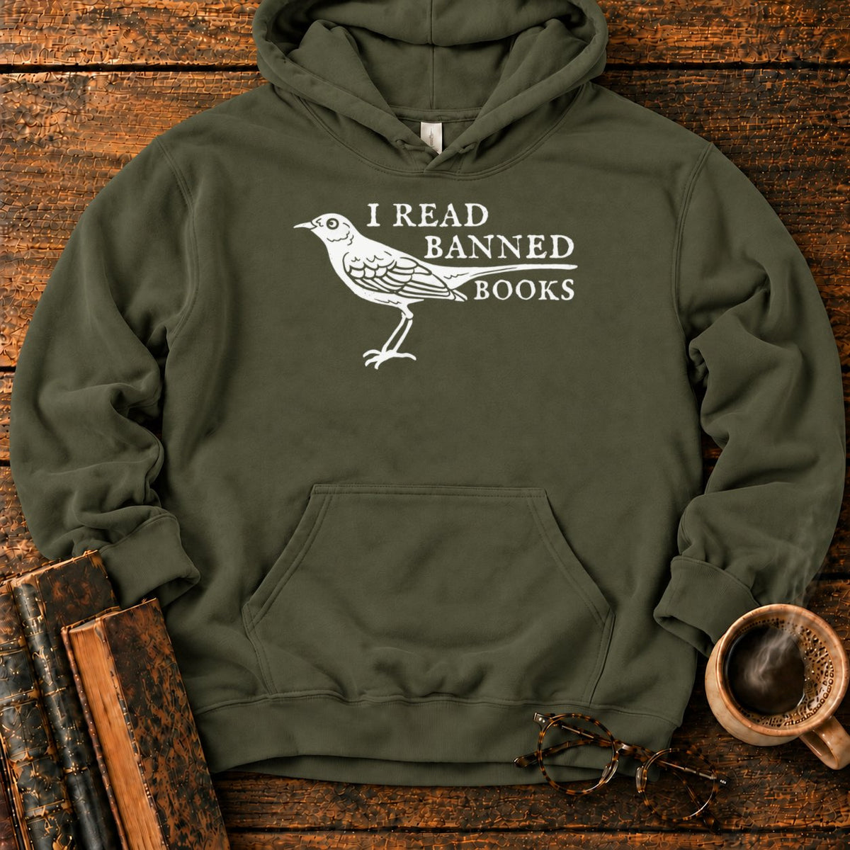 White Songbird And Banned Books Hoodie in Military Green – BooksThreads