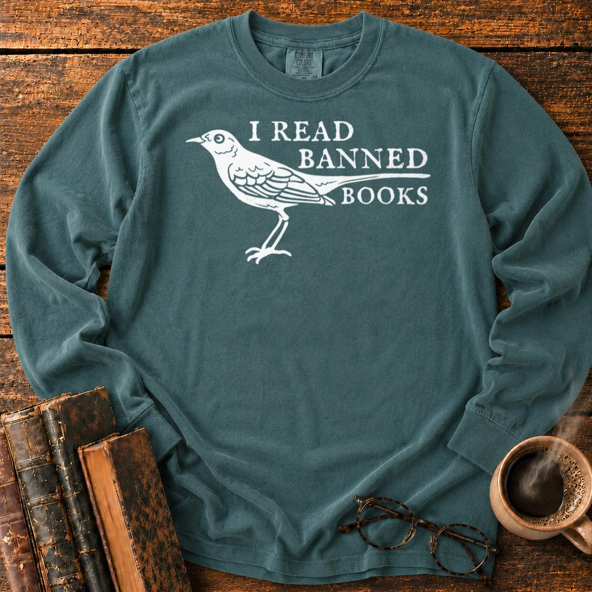 White Songbird And Banned Books LS T-Shirt in Blue Spruce – BooksThreads