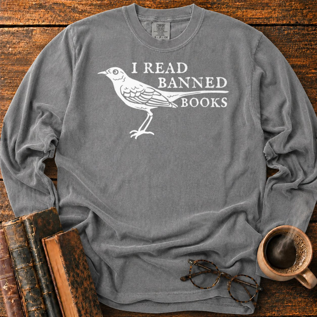 White Songbird And Banned Books LS T-Shirt in Pepper – BooksThreads
