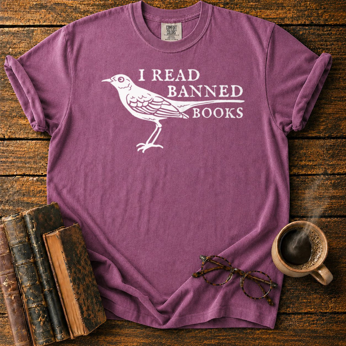 White Songbird And Banned Books T-Shirt in Berry – BooksThreads