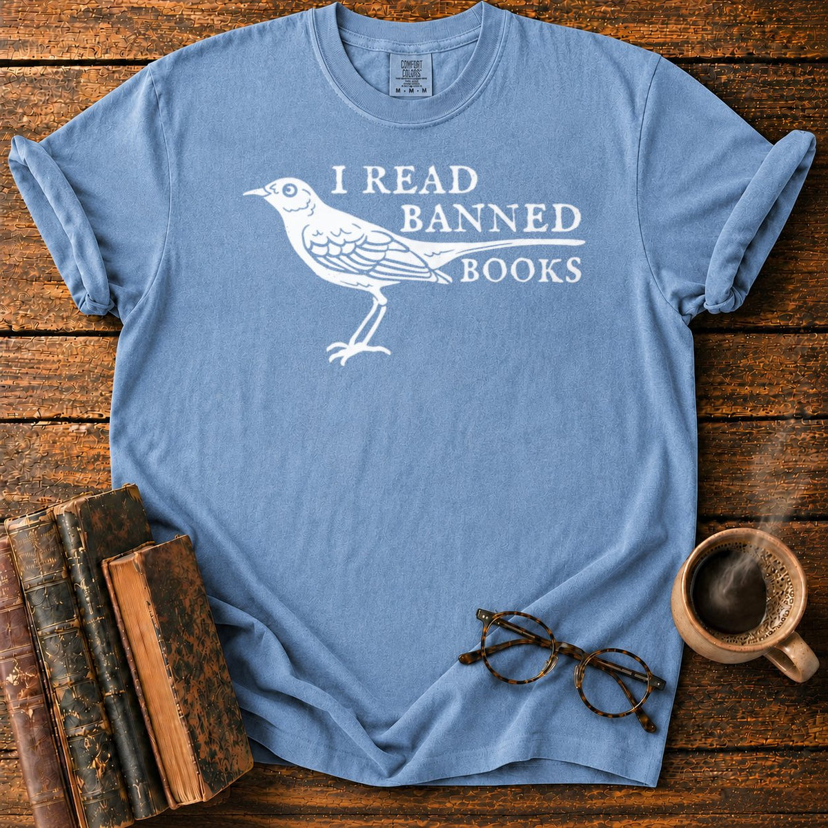 White Songbird And Banned Books T-Shirt in Blue Jean – BooksThreads