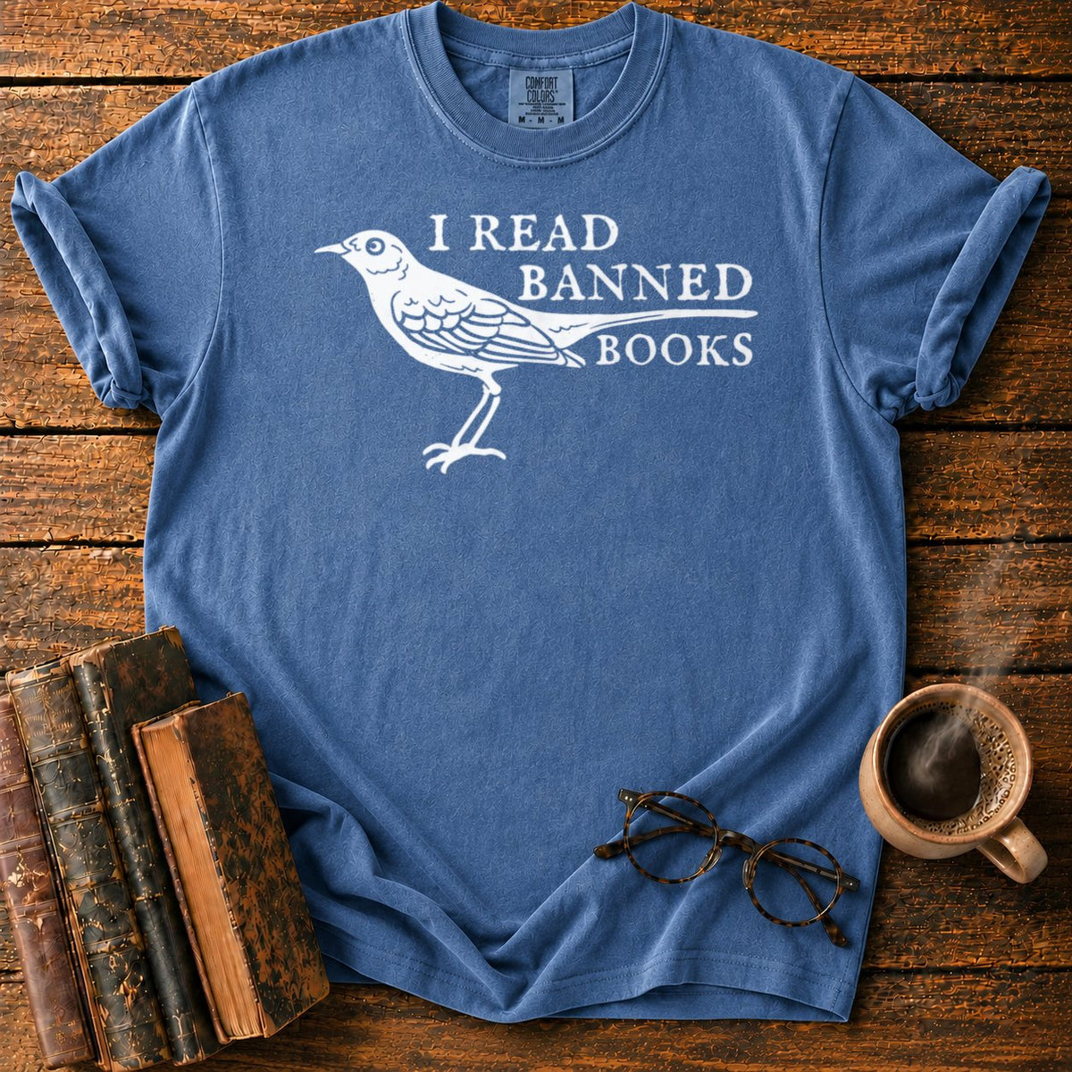 White Songbird And Banned Books T-Shirt in Denim – BooksThreads