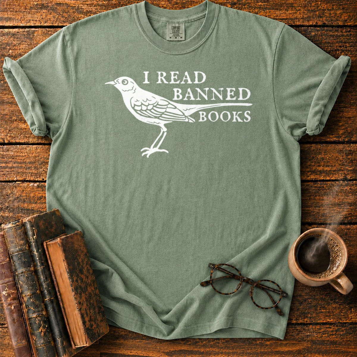 White Songbird And Banned Books T-Shirt in Moss – BooksThreads