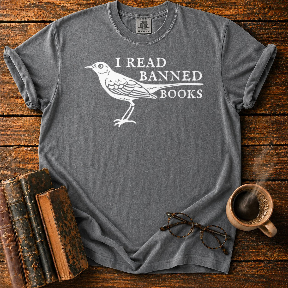 White Songbird And Banned Books T-Shirt in Pepper – BooksThreads