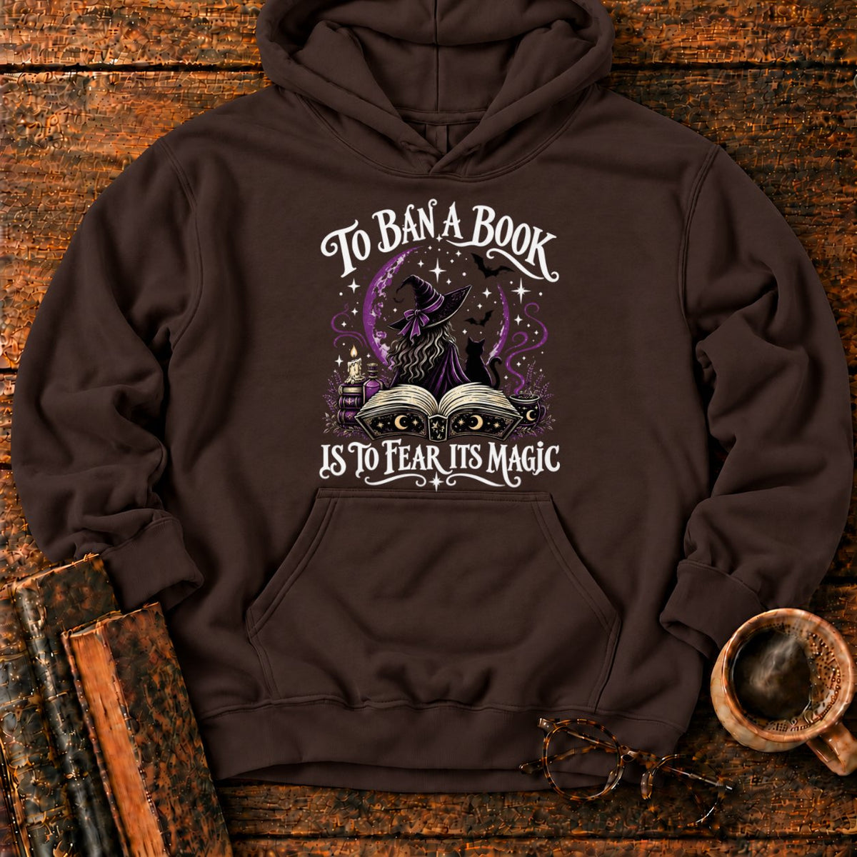 Witch, Cat, And Enchanted Book Hoodie in Dark Chocolate – BooksThreads