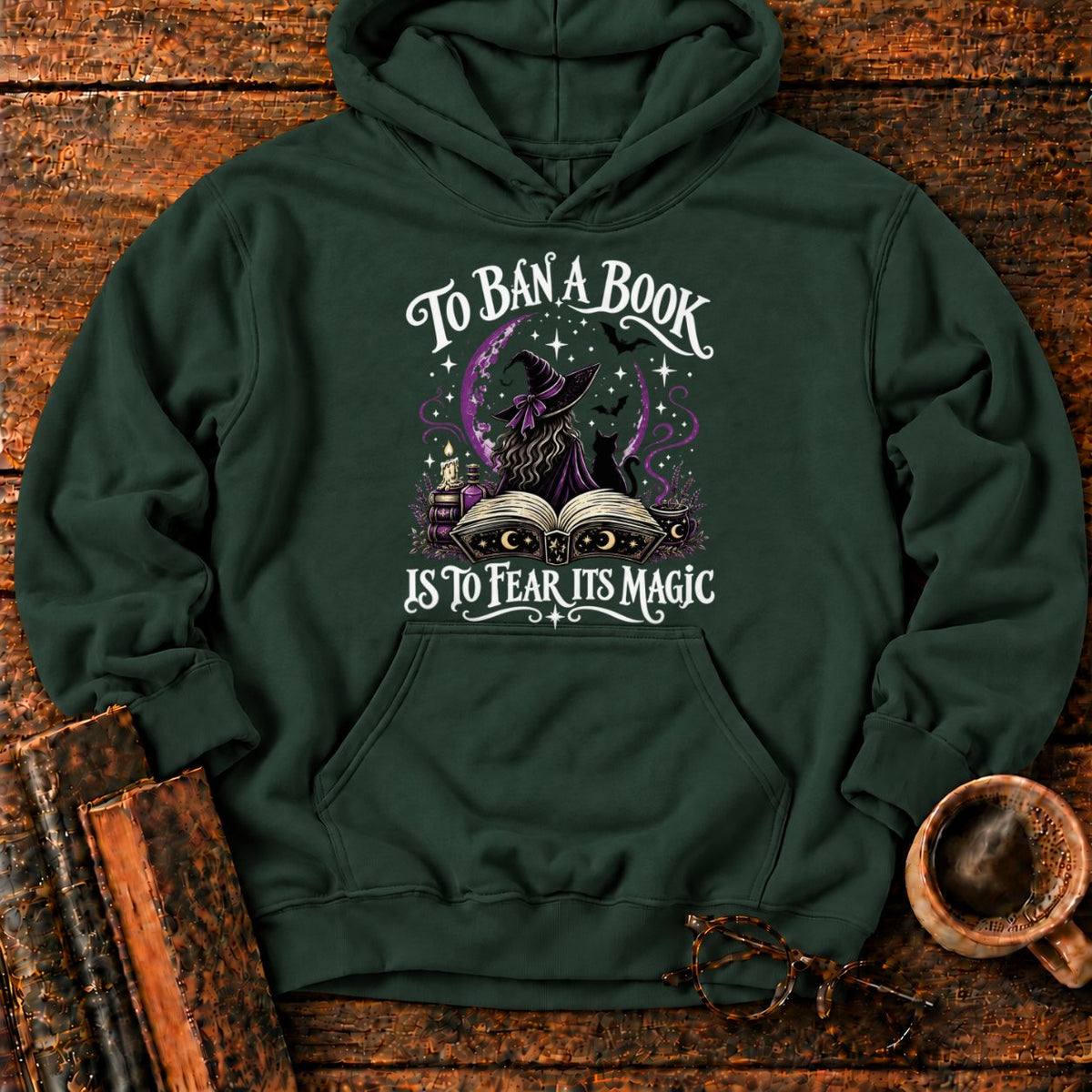 Witch, Cat, And Enchanted Book Hoodie in Forest Green – BooksThreads