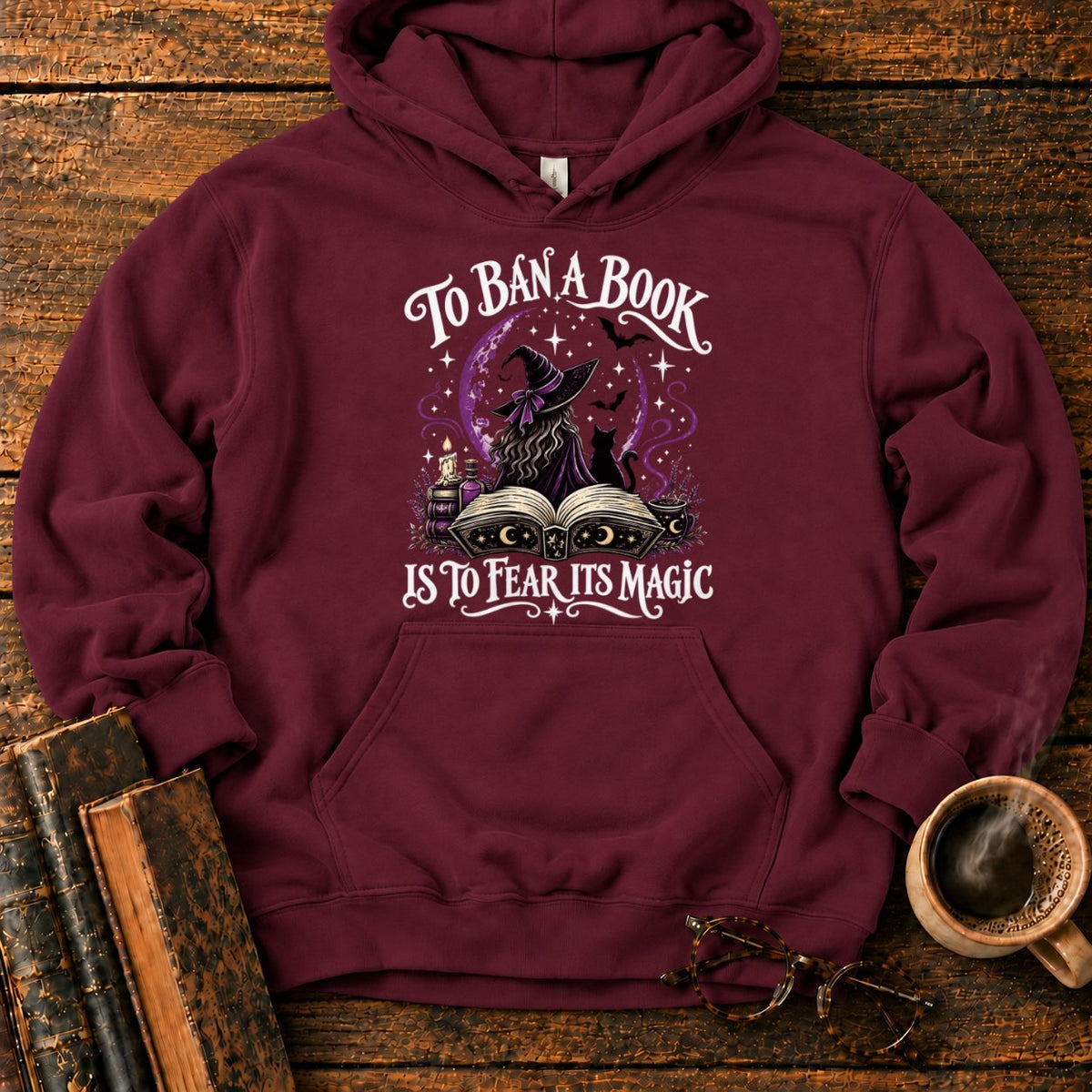 Witch, Cat, And Enchanted Book Hoodie in Maroon – BooksThreads