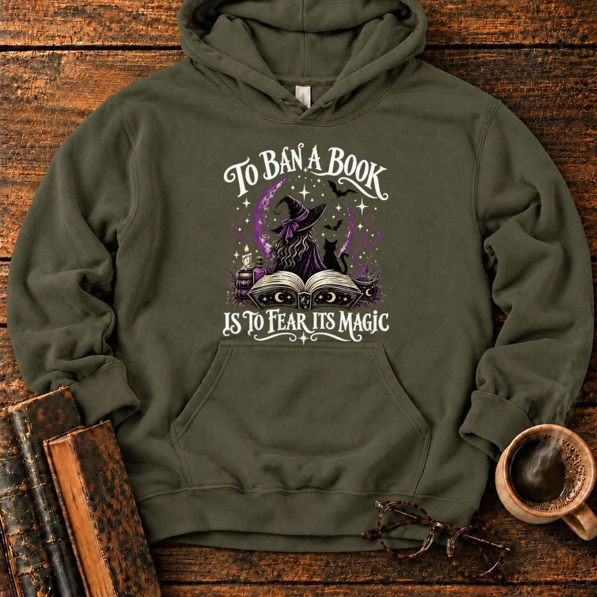 Witch, Cat, And Enchanted Book Hoodie in Military Green – BooksThreads