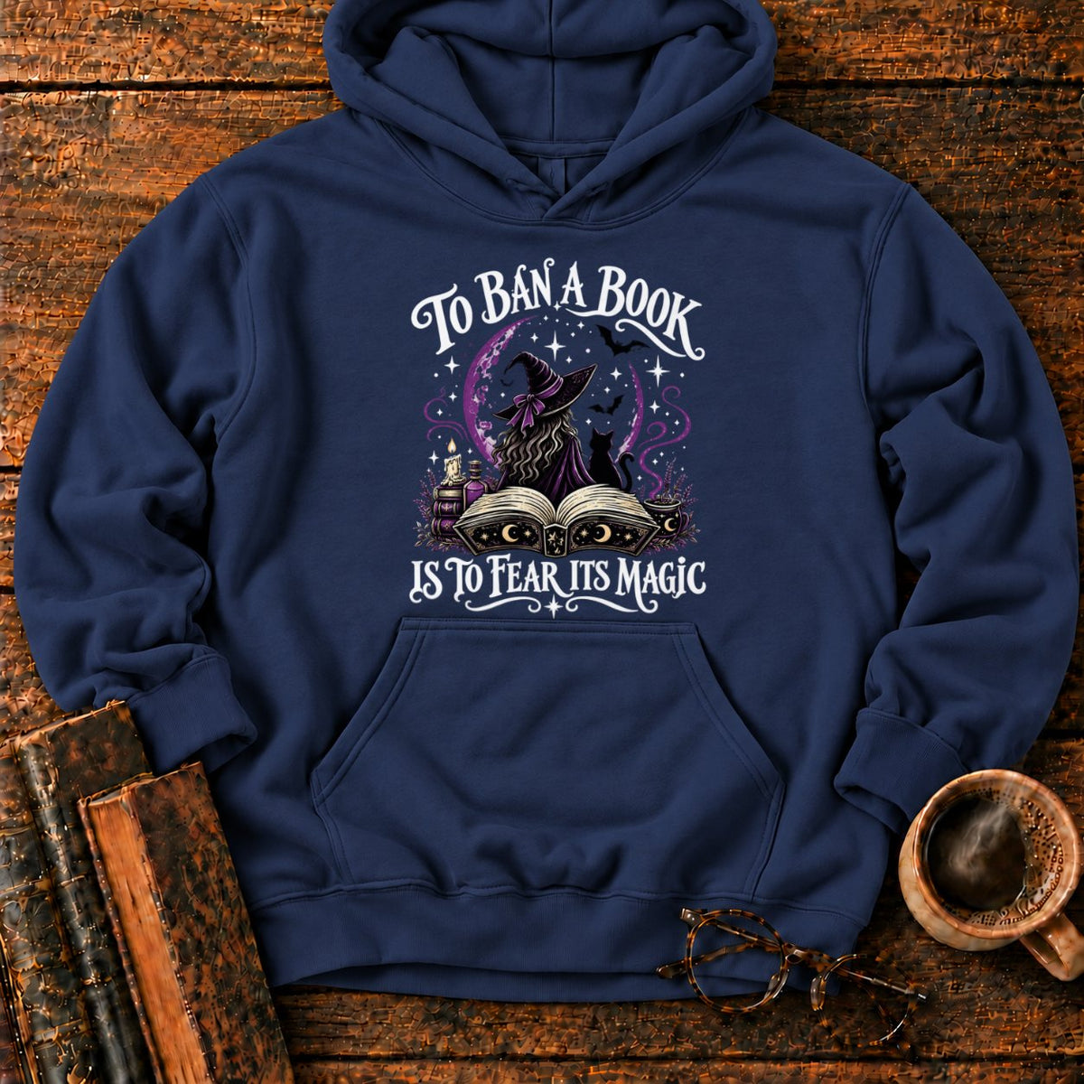 Witch, Cat, And Enchanted Book Hoodie in Navy – BooksThreads