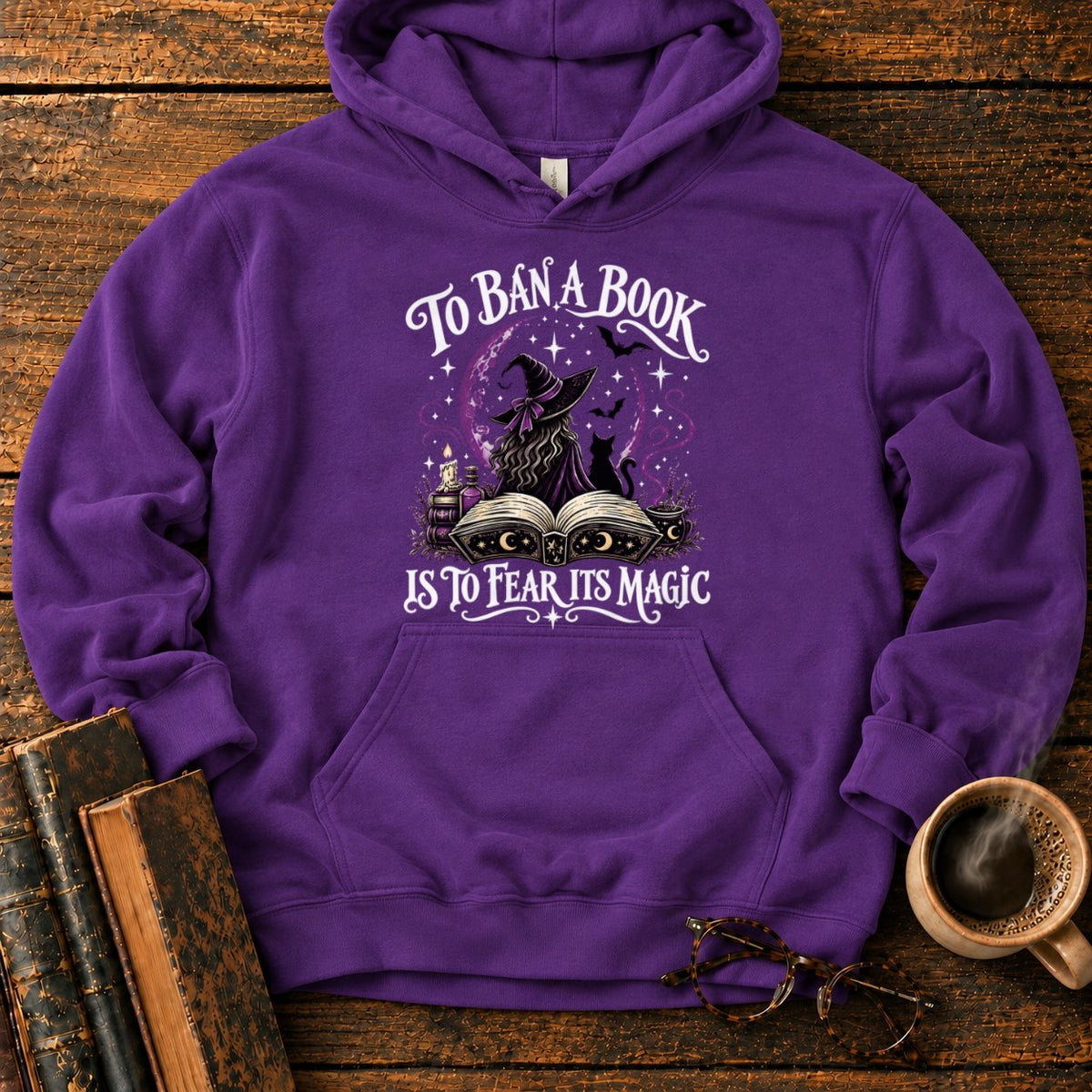 Witch, Cat, And Enchanted Book Hoodie in Purple – BooksThreads