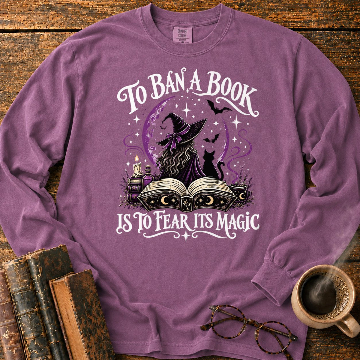 Witch, Cat, And Enchanted Book LS T-Shirt in Berry – BooksThreads