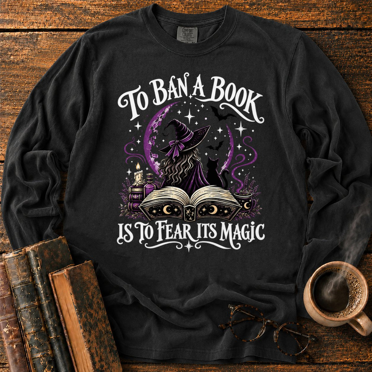 Witch, Cat, And Enchanted Book LS T-Shirt in Black – BooksThreads