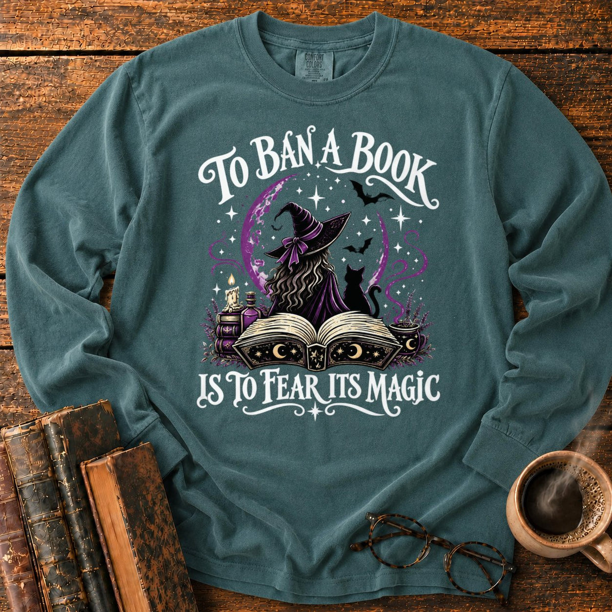 Witch, Cat, And Enchanted Book LS T-Shirt in Blue Spruce – BooksThreads