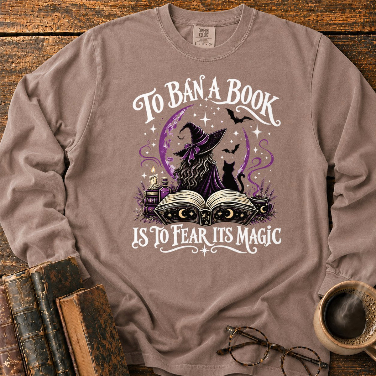 Witch, Cat, And Enchanted Book LS T-Shirt in Espresso – BooksThreads