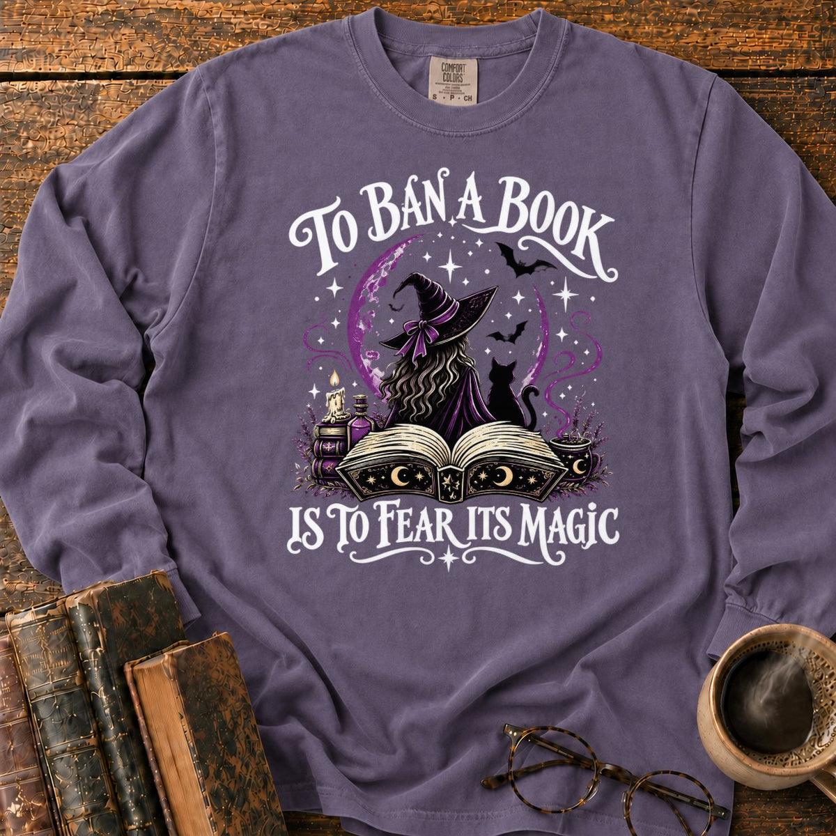 Witch, Cat, And Enchanted Book LS T-Shirt in Grape – BooksThreads